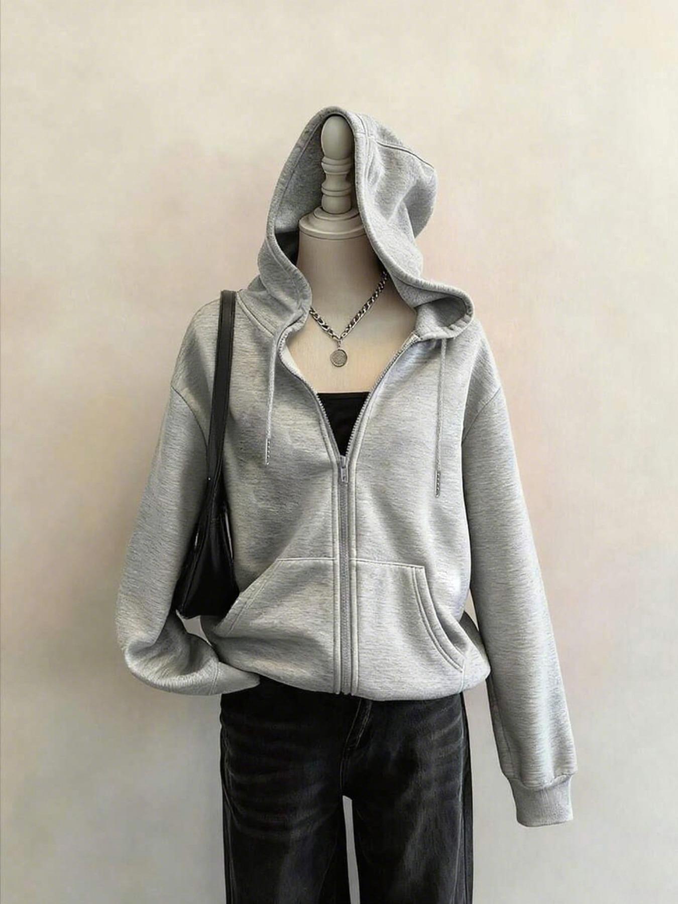 Women's Casual Loose Fit Long Sleeve Hoodie, Lady Vintage Style Zipper Design, Warm Pocketed Sweatshirt for Fall & Winter, Comfortable Daily Wear, Womenswear