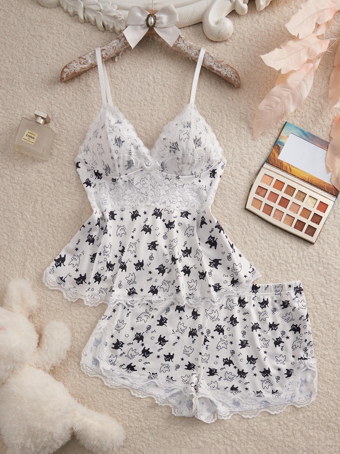 Women's Solid Color Lace Trim Cami Top & Shorts Pyjama Two-piece Set, Casual Comfy Camisole & Shorts Lingerie Set, Women's Sleepwear for All Seasons