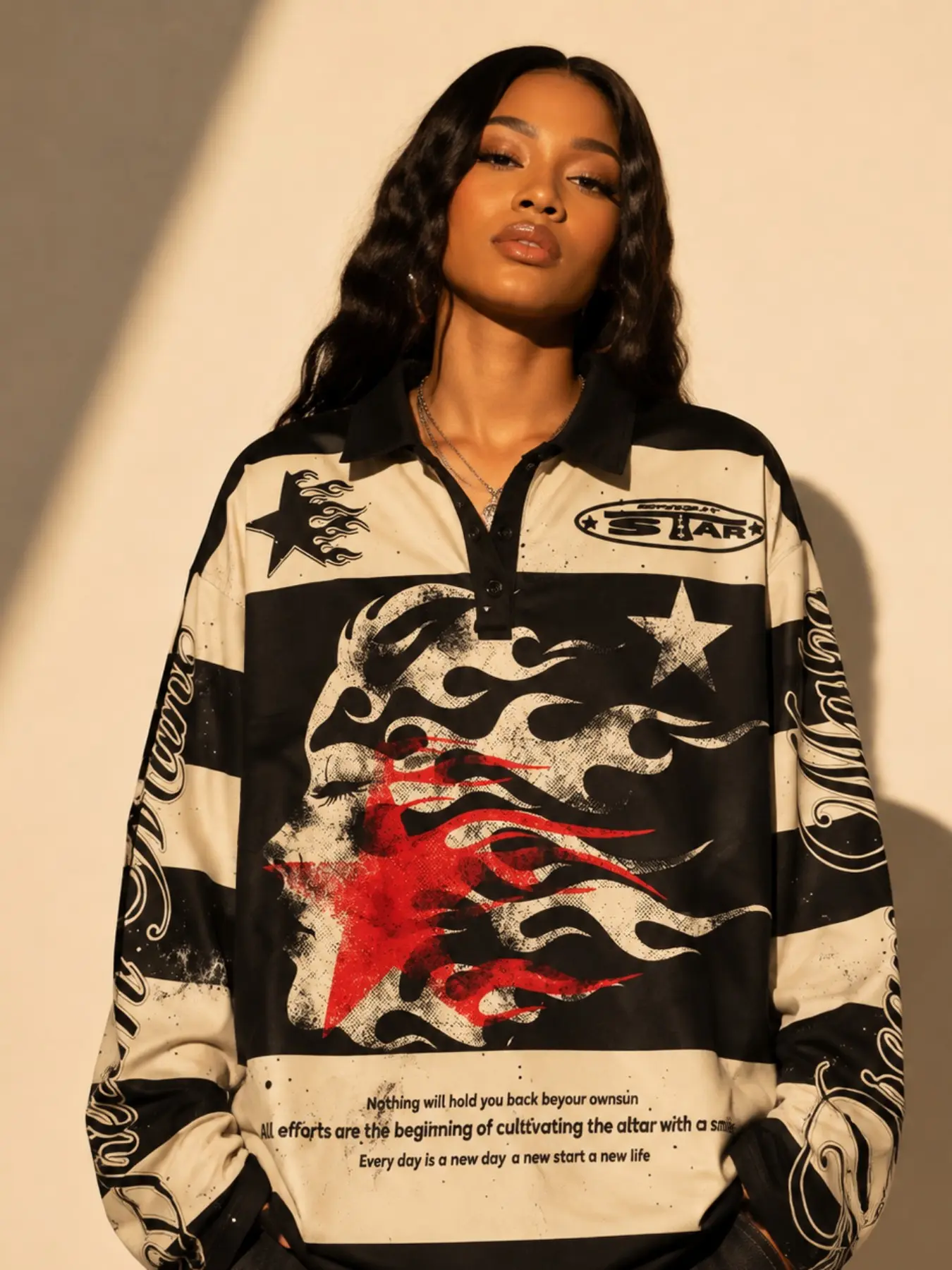 Women's Y2K Graphic Polo Shirt, Black White Long Sleeve Streetwear Top, Oversized Casual Shirt with Flame Print Design
