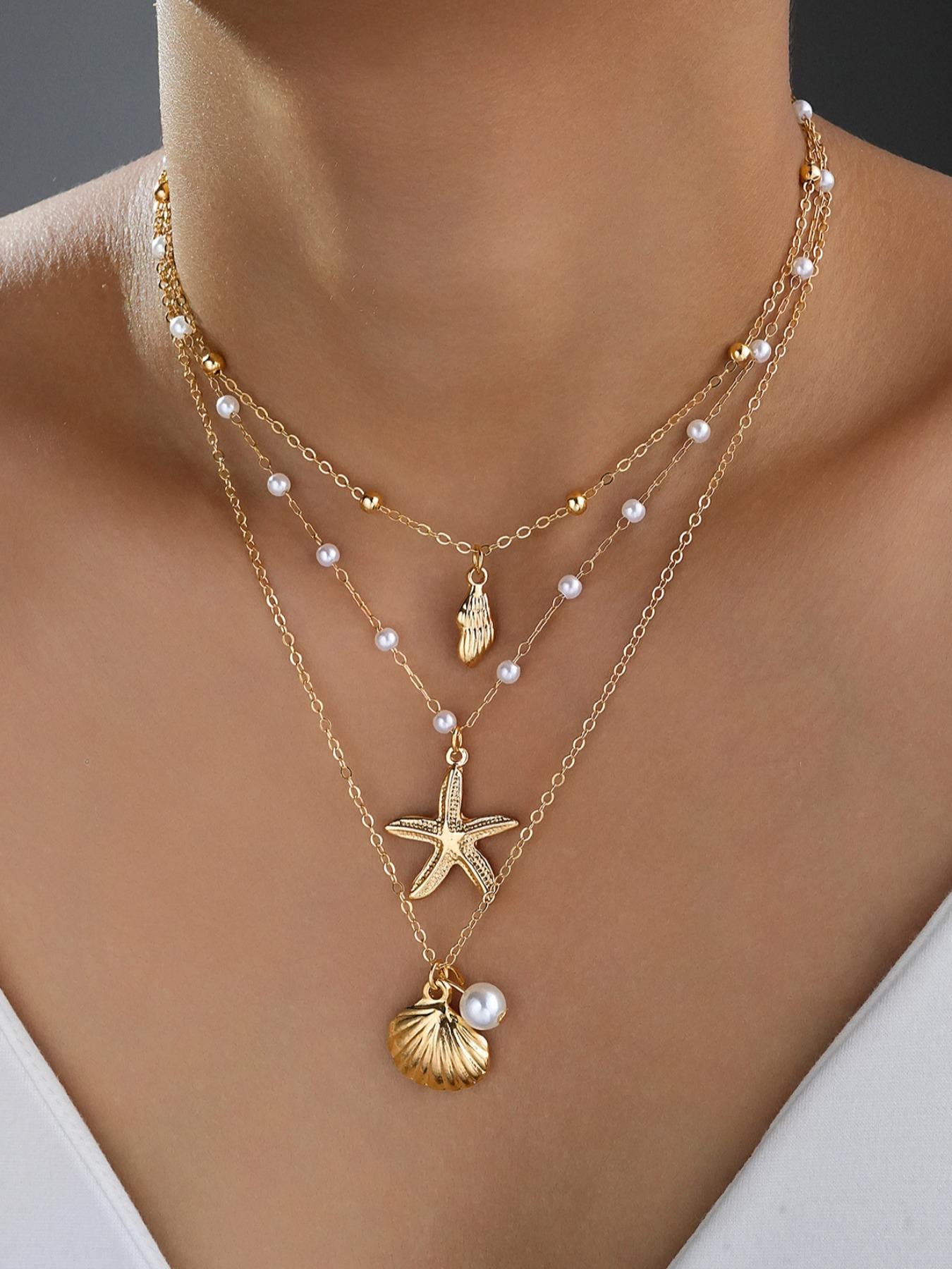3-Piece Women's Fashion Pendant Necklace Set, Luxurious Boho Style, Pearl Star Design, Perfect for Daily Wear, Parties, Gifts