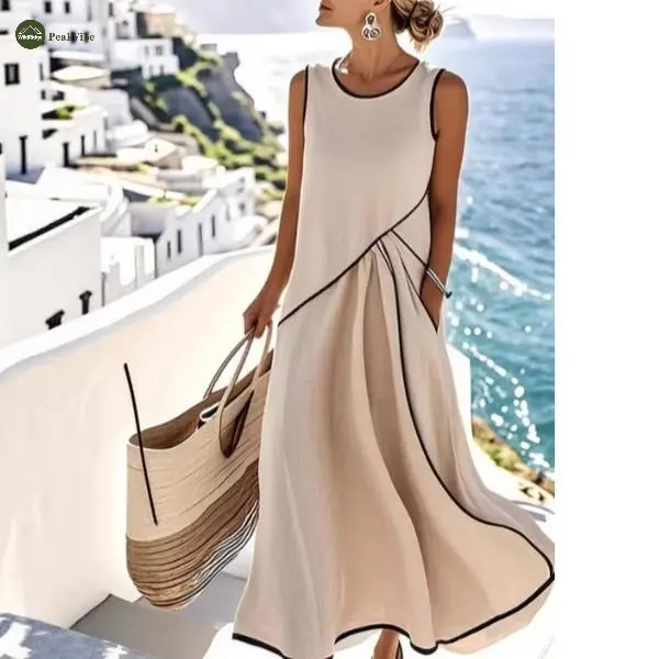 2026 European and American round neck sleeveless contrasting colors loose and thin cross dress temperament long dress summer new
