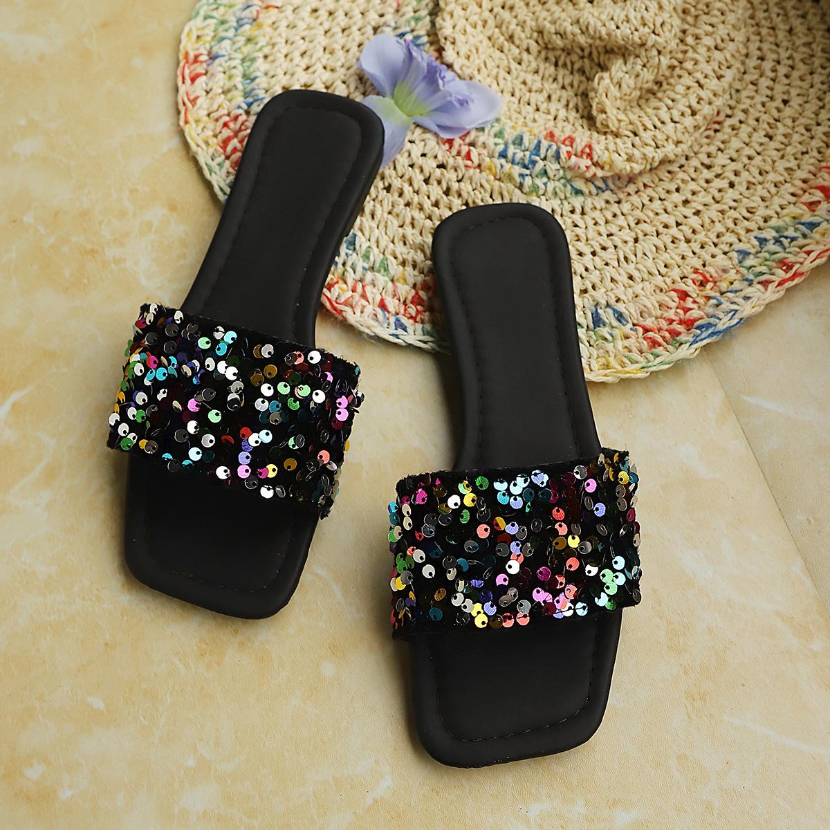 Colorful Sequin Square Toe Slide Sandals for Women