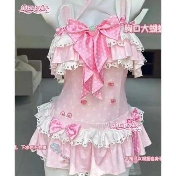 2026 Summer New Cute Strawberry One Piece Swimsuit Women Sweet Bow Rabbit Ear Swimwear Seaside Vacation Hot Spring Swim Bikini