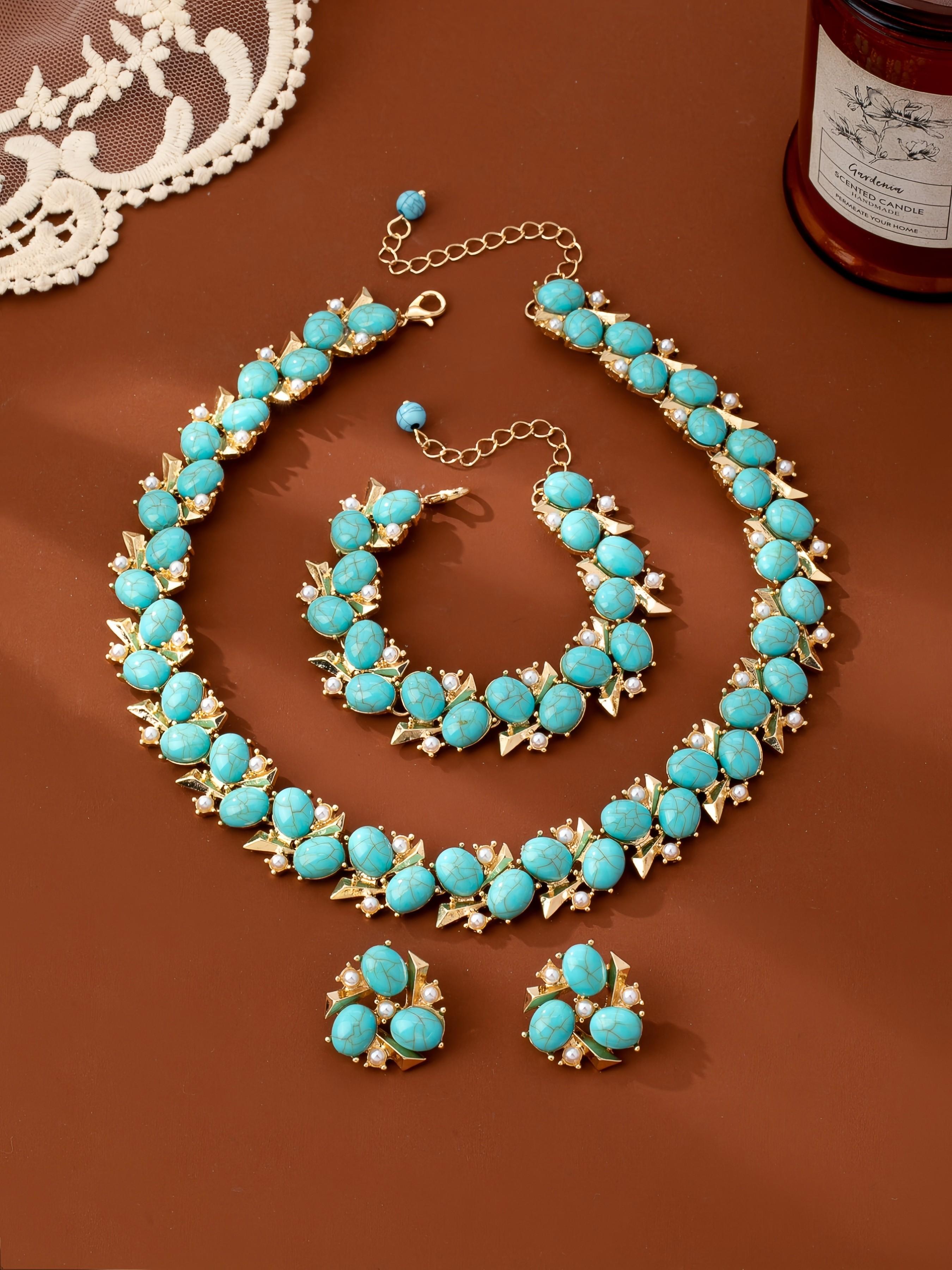 Vintage Gold Tone Turquoise Statement Jewelry Set, 3-Piece Necklace Earrings Bracelet, Luxury Turquoise Gemstone Jewelry for Women, Party Prom Wedding Accessory Gift Vintage Gold Tone Turquoise Statement Jewelry Set, 3-Piece Necklace Earrings Bracelet, Luxury Turquoise Gemstone Jewelry for Women, Party Prom Wedding Accessory Gift