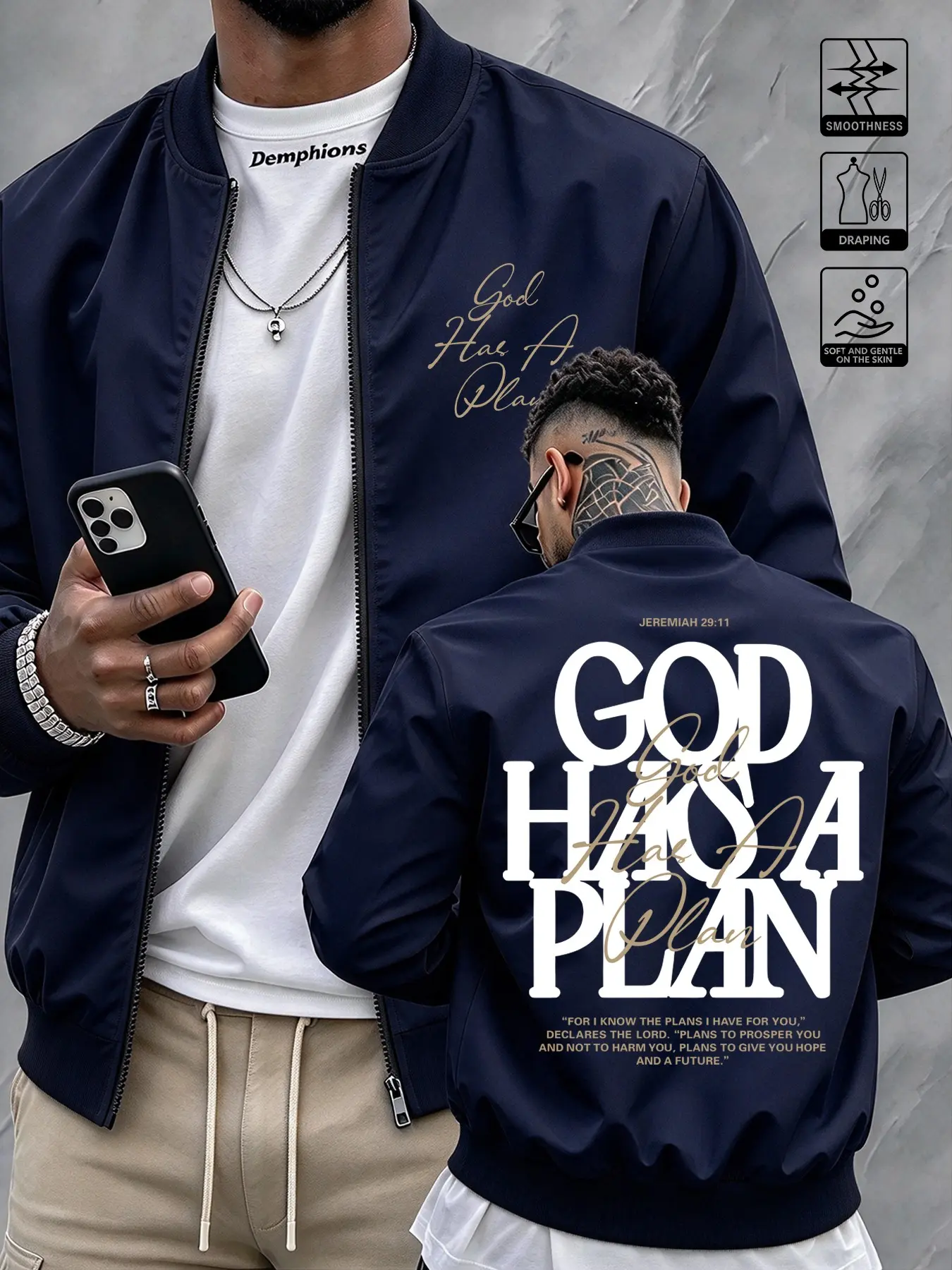 Men's High Street Faith Letter Flight Jacket, God Has a Plan Print Baseball Collar Coat, Zipper Loose Fit, Smooth Skin-Friendly Fabric, Spring Fall Outerwear