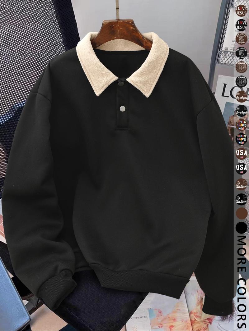 Men's Y2K Autumn Winter Thickened Retro British Style Aesthetic Lamb Wool Collar Polo Shirt, Unisex Casual Fashion, All Seasons Wear