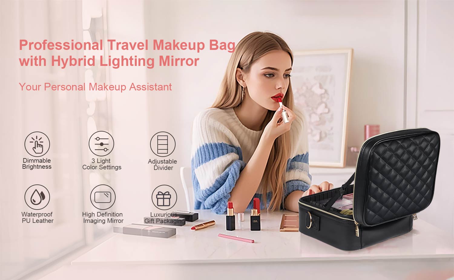 Makeup Bag with Light Up Mirror, 10in 12in Makeup Case Travel Cosmetic Bags Brush Organizer Storage Box, Rechargeable Vanity Mirror with 3 Color Lights, High Frame Mirror Protection (Black)
