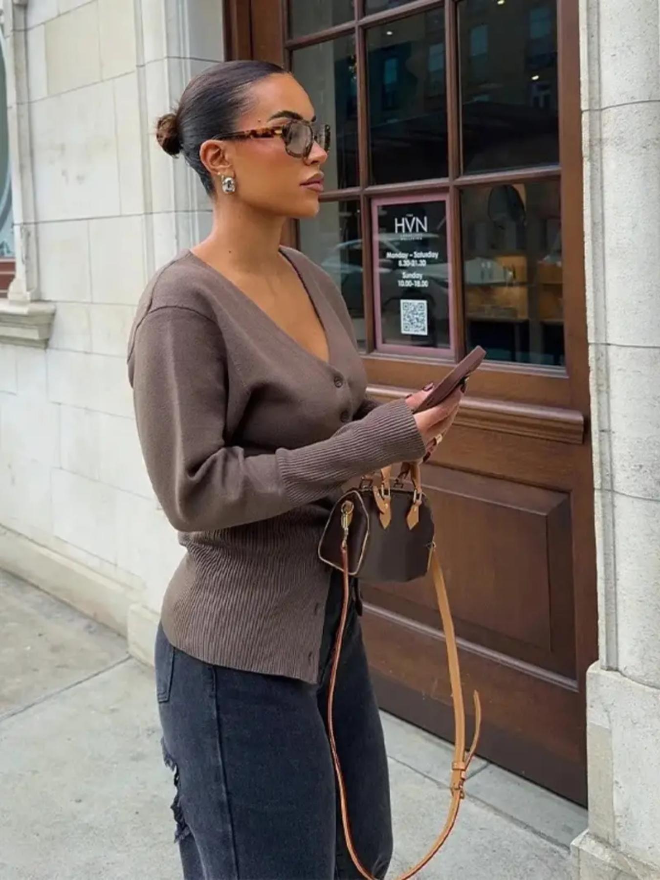 Women's Solid V-Neck Cardigan Long Sleeve Button Front Ribbed Knitwear Elegant Slim Fit Sweater Top Fall Winter Daily Wear Fashion Knit Clothing Ladies Casual Outfits Knitting
