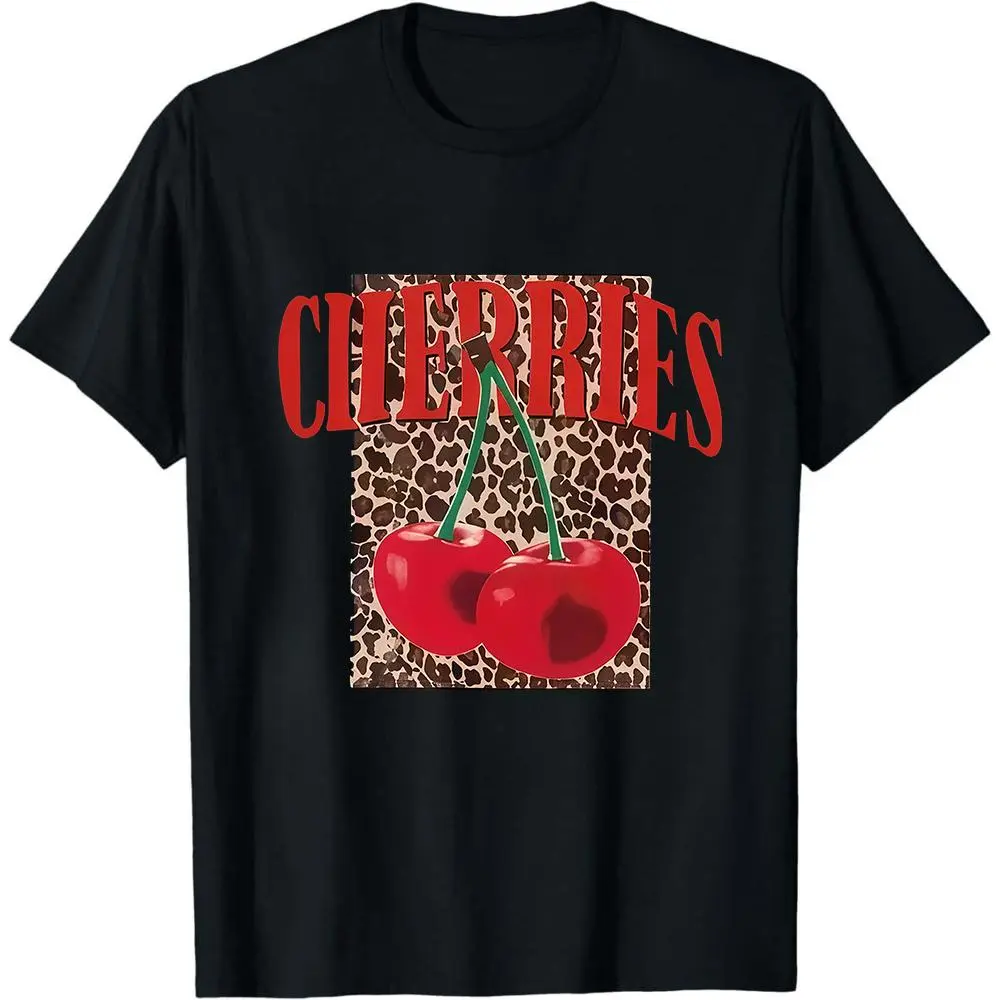 [Women's Leopard Cherry Tee] Vintage Y2K Leopard and Red Cherry Print T-shirt - Trendy and Fashionable Women's T-shirt - Women's Summer T-shirt - Comfortable Round Neck Short Sleeve Casual T-shirt - Women's Wear