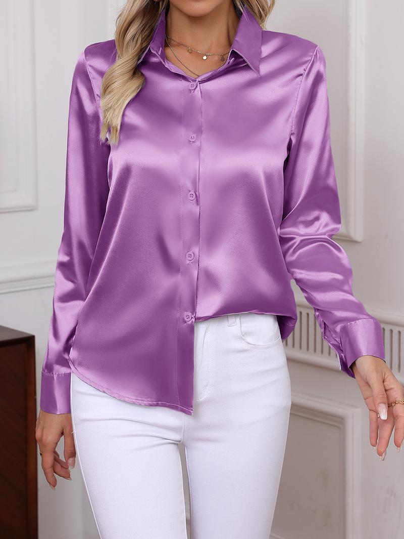 Women's Plain Satin Shirt, Elegant Long Sleeve Button Top for Work Office Business, Ladies Clothes for All Seasons, Womenswear Women's Plain Satin Shirt, Elegant Long Sleeve Button Top for Work Office Business, Ladies Clothes for All Seasons, Womenswear
