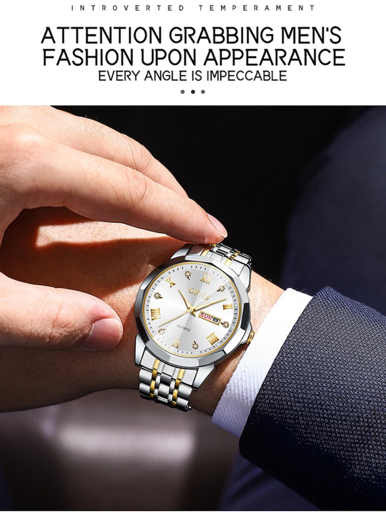 OFNS Men's Alloy Watch, Waterproof Business Style, Elegant Quartz Analog Watch, Dial, Rhinestone Design, All Seasons