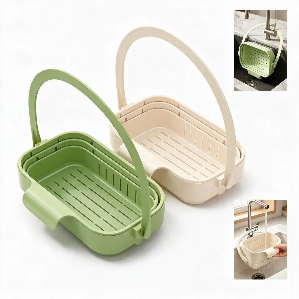 Hanging Sink Drain Basket - Compact Folding, Expandable Handle Kitchen/Home Organizer with Flip Cover, Stretchable Colander for Fruits, Vegetables, Utensils
