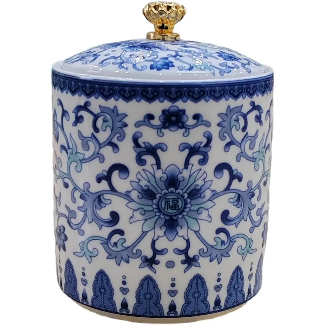 Small Vintage Blue and White Porcelain Salt Cellar with Lid Ceramic Salt Holder Container for Countertop, Airtight Spice Jar, Kitchen Storage Dish