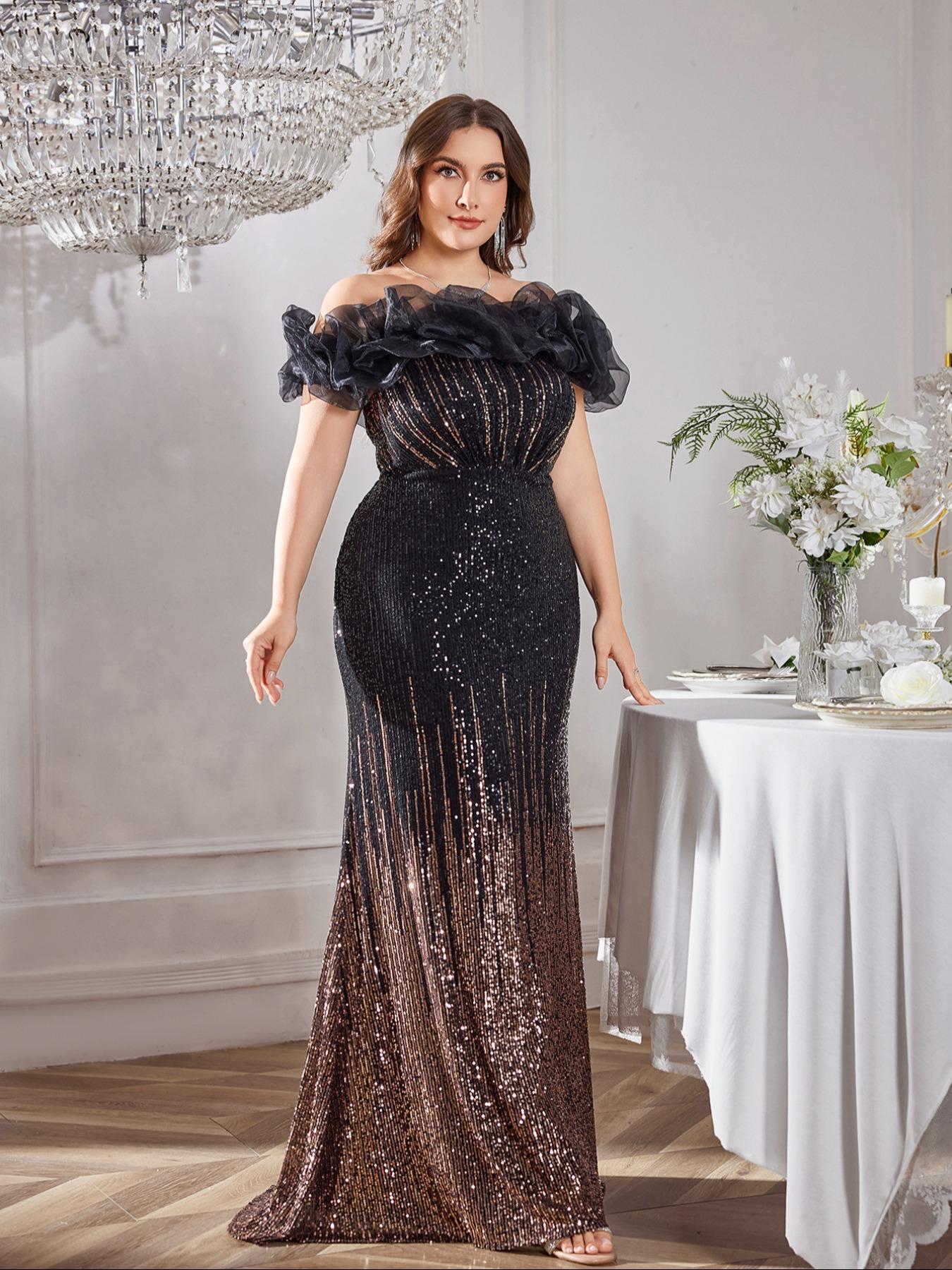 Off Shoulder Backless Adjustable Strap Fit Sequin Gradient Evening Dress, Sleeveless Party Gown, Random Cut Design, Elegant Woven Formal Wear