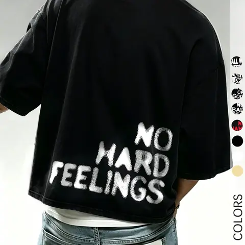 Men's Solid Black Cropped Boxy Short Sleeve T-Shirt, Streetwear Tee Bold Edgy Style With NO HARD FEELINGS Letter Print, Loose Fit Top For Skate Daily Hip Hop Outfits