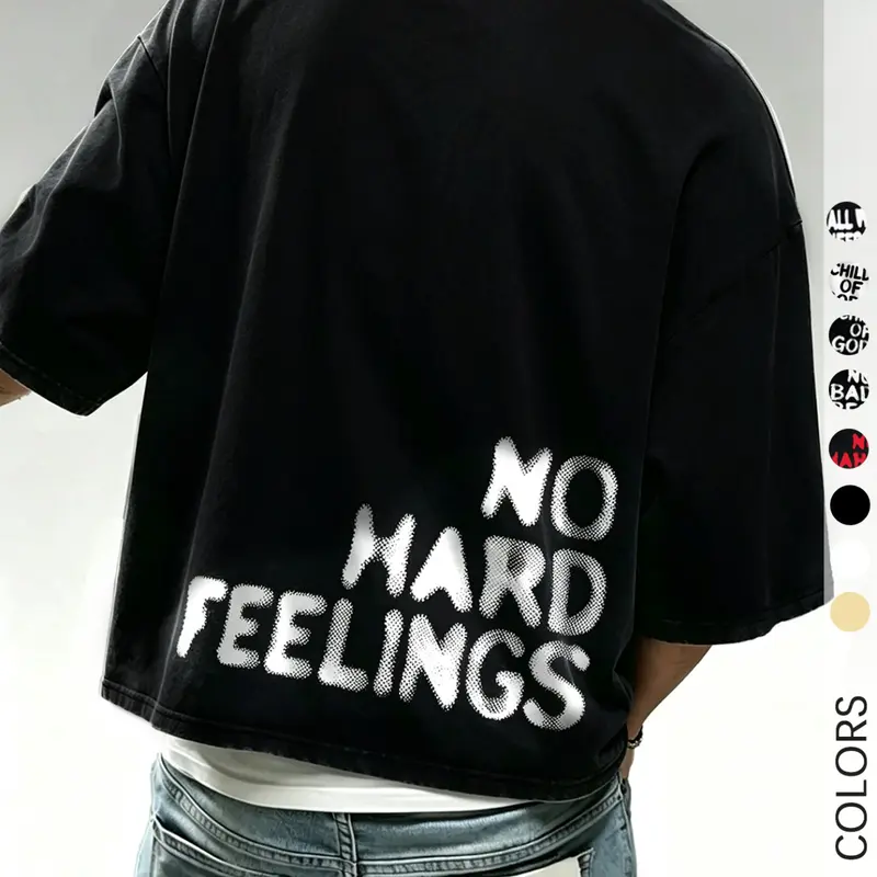 Men's Solid Black Cropped Boxy Short Sleeve T-Shirt, Streetwear Tee Bold Edgy Style With NO HARD FEELINGS Letter Print, Loose Fit Top For Skate Daily Hip Hop Outfits