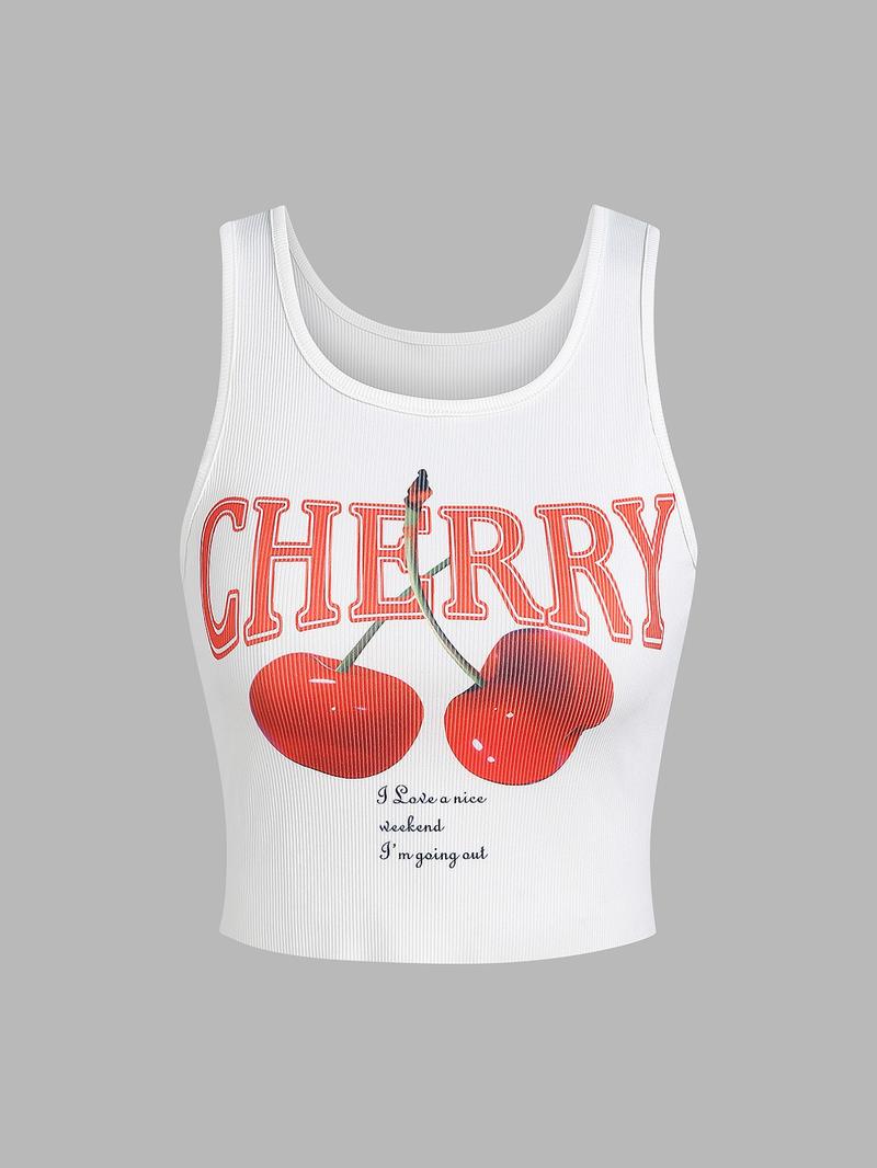 Women's Letter & Fruits Print Crop Tank Top, Casual Scoop Neck Sleeveless Top for Daily Wear, Ladies Clothes for All Seasons