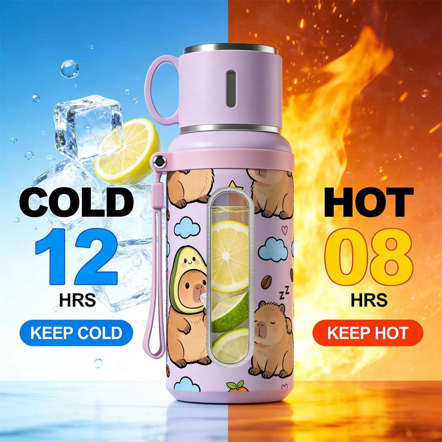 1PC, 20oz Insulated Stainless Steel Water Bottle, Vacuum Flask with Cup Lid That Doubles as Handle Cup, Double Wall Insulated Travel Mug, Cute Capybara Aesthetic Design, Portable for Outdoor Hiking Gym, School Office