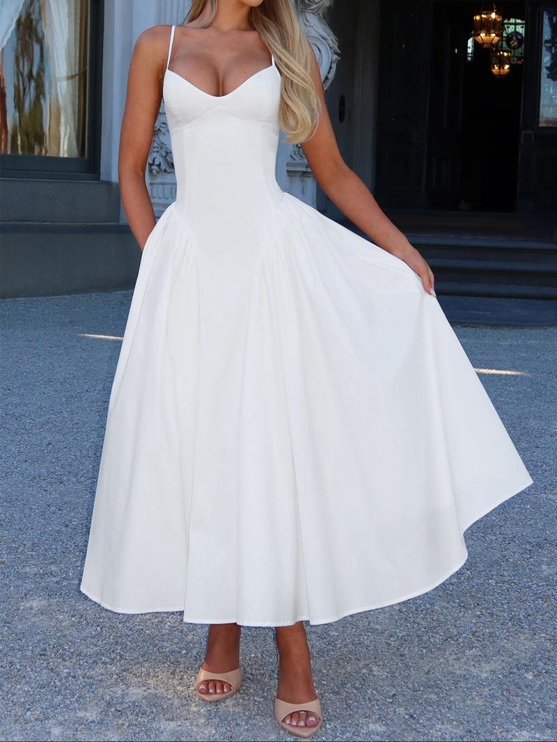 Pure Color Elegant Sleeveless Long Dress, Waist Cinched Design, Fitted Style, Plain Pattern, Perfect for Various Occasions