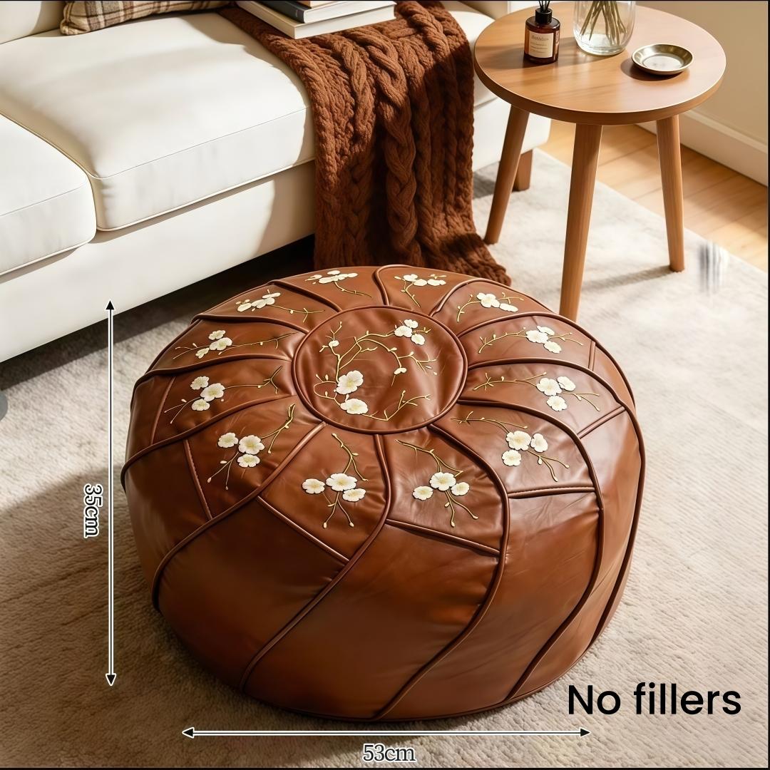 Multifunctional Storage Ottoman Pouf Cover, Faux Leather Ottoman Foot Rest with Hidden Storage, Boho Round Footstool Poufs, Fillable Pouf Ottoman for Blankets Clothes Pillows, Bohemian Pouf Ottoman