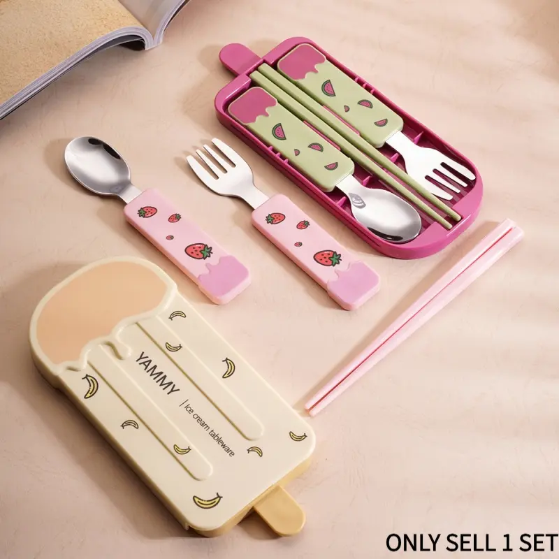 Ice cream-shaped portable cutlery set with storage case, 304 stainless steel spoon, fork and chopsticks, cartoon reusable cutlery set, ideal for travel, picnics and outdoor activities