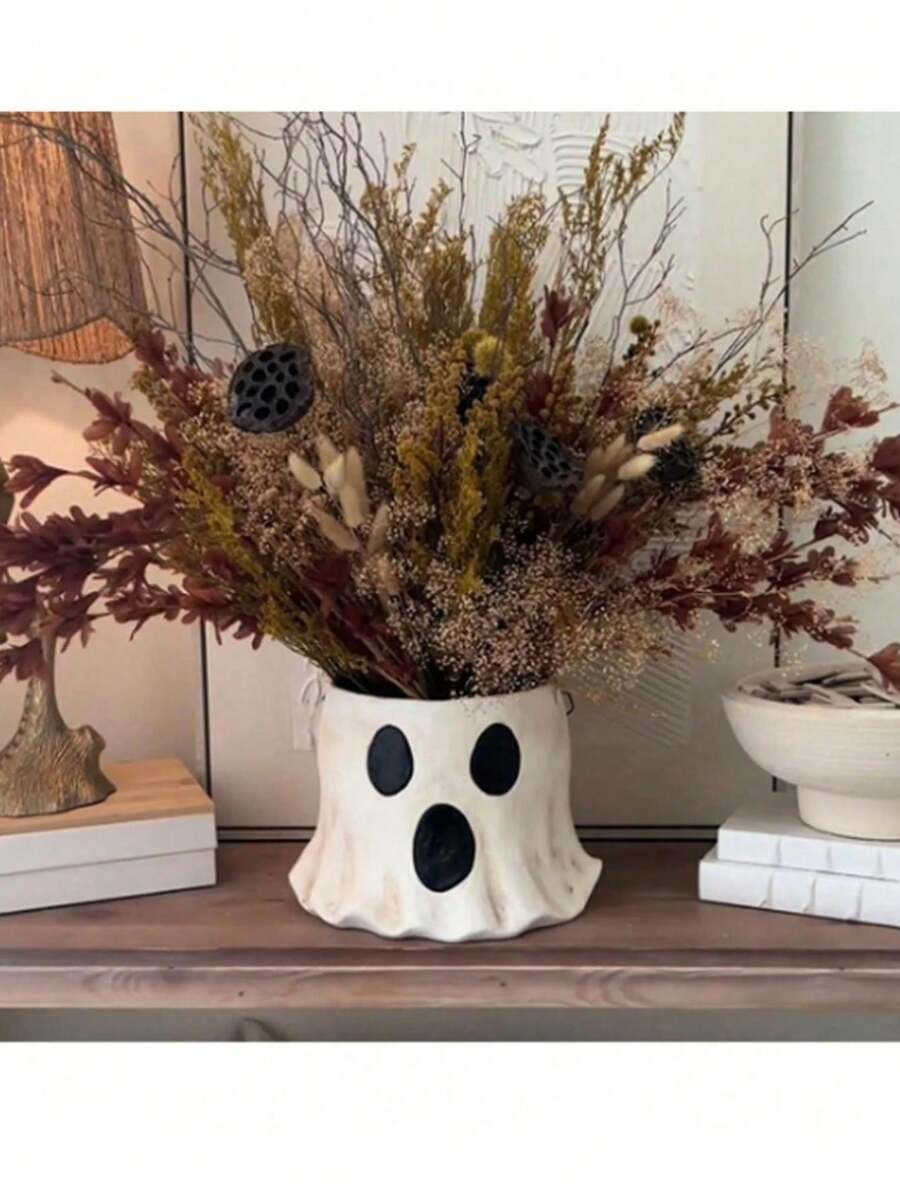 Vintage Textured Ghost Vase, Halloween Decor Ghost Shaped Dried Flower Pot, Multi-Occasion Table Centerpiece Decor For Holiday Party Housewarming Gift, Unique Spooky Ghost Planter For Living Room Kitchen Countertop