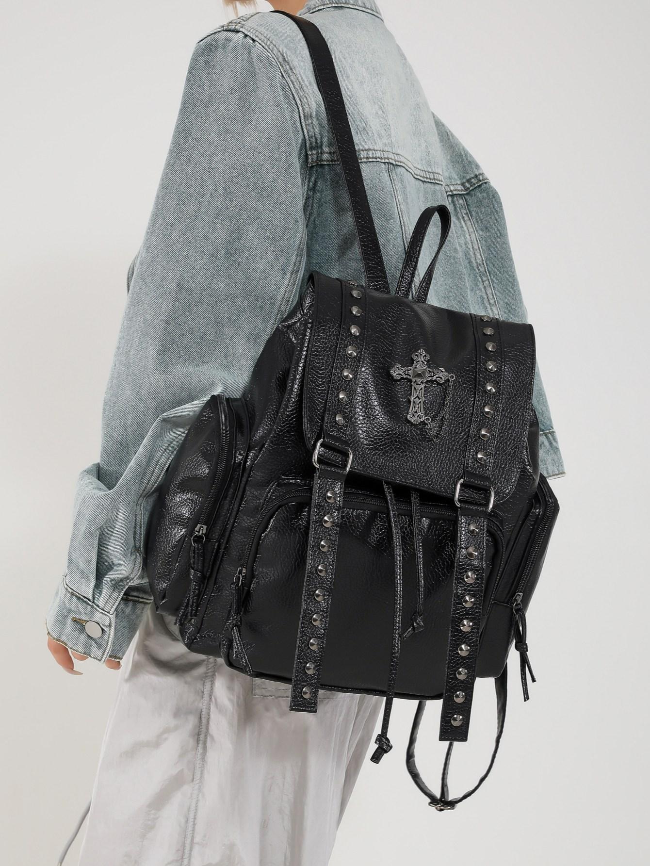 Original Self-Made Y2K Soft Leather Backpack, Dark Gothic Cross