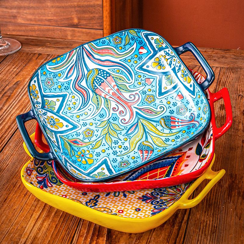 Bohemian Style Ceramic Bakeware Set, 4 Counts/set Square Dual-handle Plates for Baking Fruits Pasta, Oven & Microwave Safe Dishes for Home Use, Salad Serving Plates