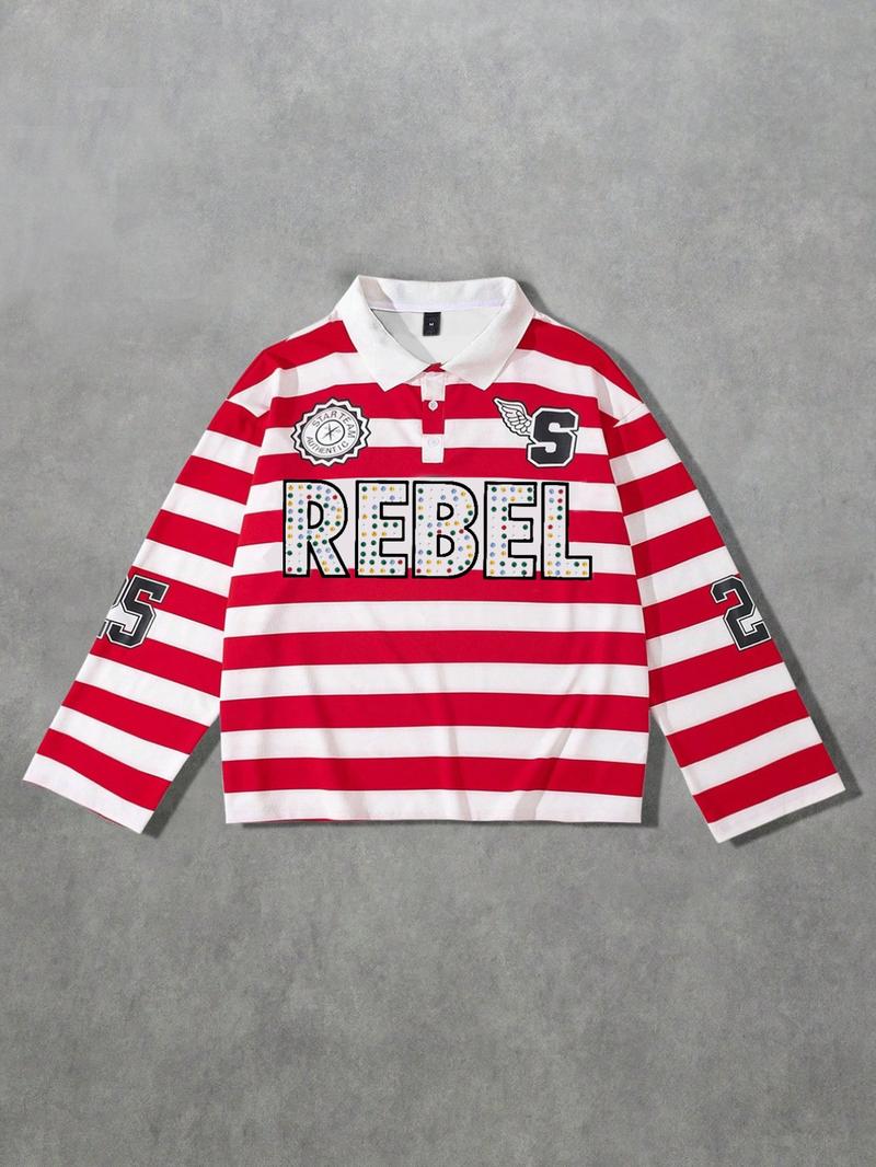 REBEL printed red and white striped polo long sleeved men's T-shirt, striped polo collar long sleeved shirt, European and American street life unisex long T-shirt ins style
