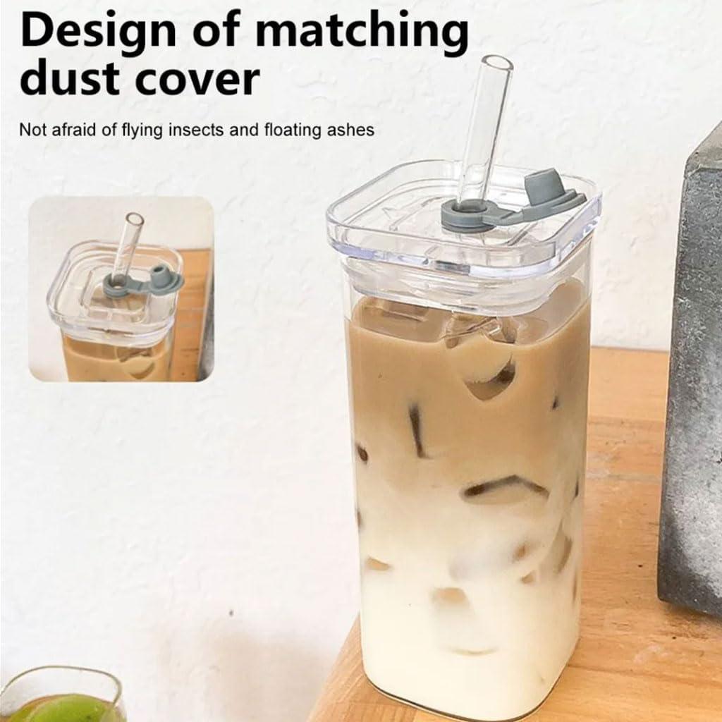 6-Pack Leak-Proof Glass Cups with Lids & Straws, High Borosilicate Rectangle Mugs, Spill-Proof for On-the-Go, Christmas Gift