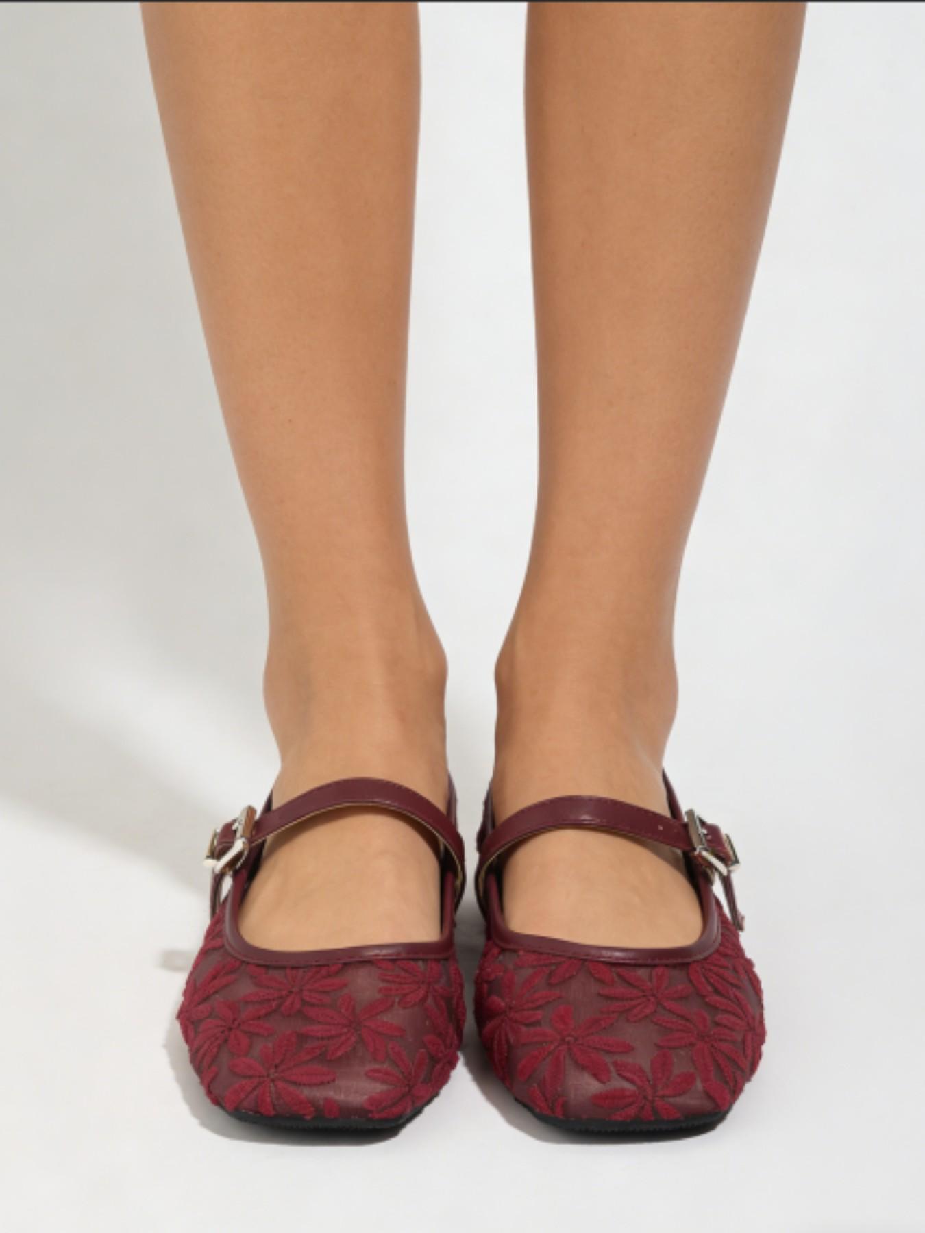 Vintage Wine Lace Mary Jane Shoes, Square Toe, Retro Style, Textile Upper, Rubber Sole, Embroidery Design, Less Than Ankle Height