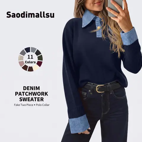 Saodimallsu Womens Denim Patchwork Sweaters V Neck Polo Pullover Tops