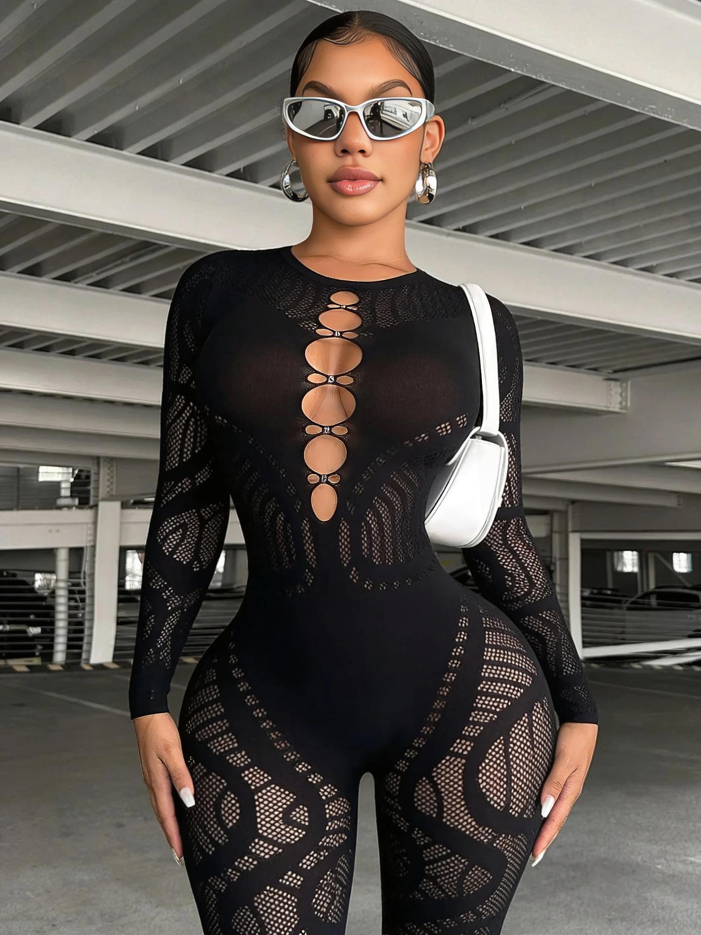 Women's High-Waist Rhinestone Hollow Thick-Knit Long-Sleeve Integrated Bodysuit Outerwear - Polyester, Romantic, Ethnic, Baroque, Anniversary Essential Fashion Clothing Accessory