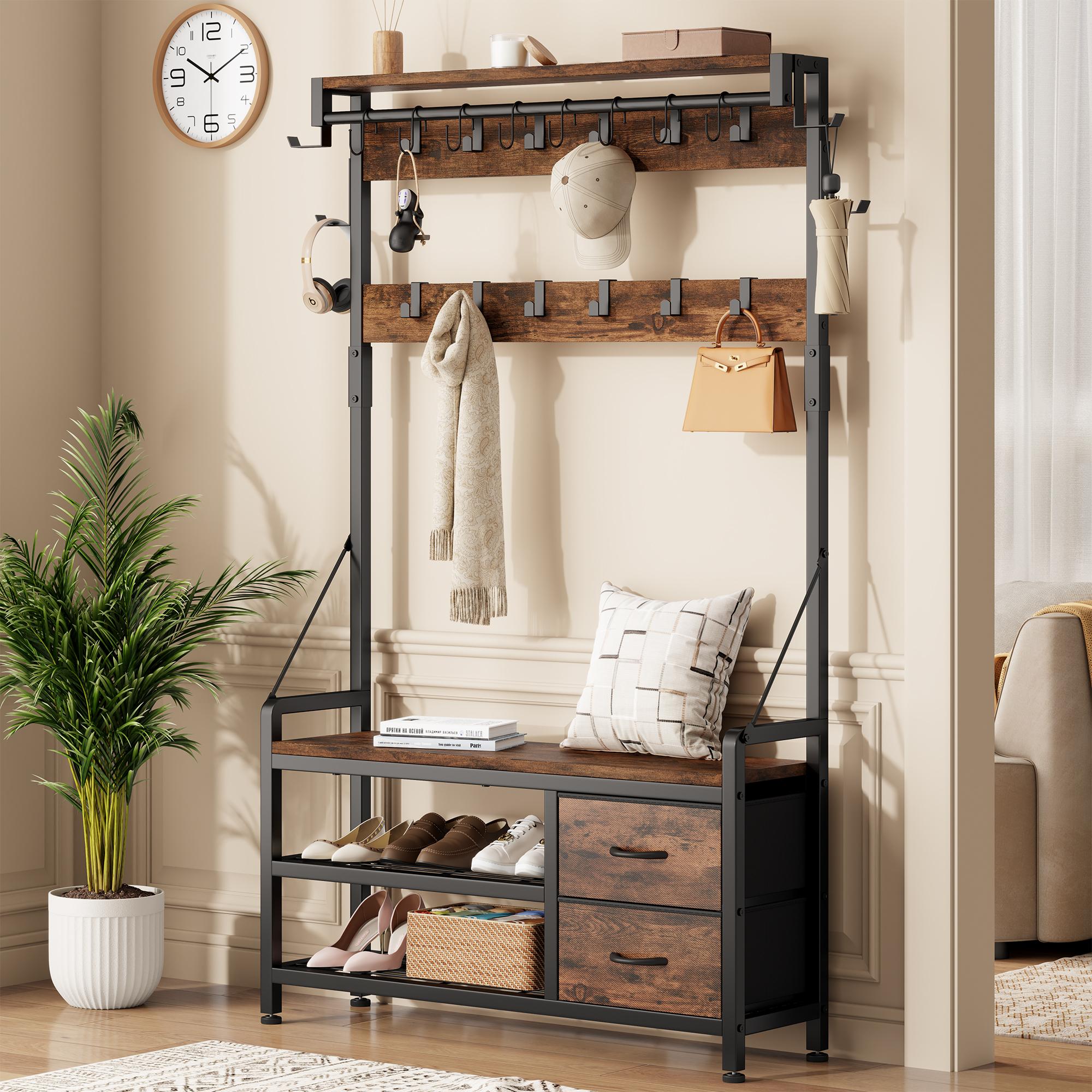 Aowos Hall Tree with Bench and Shoe Storage, 31”/39” Freestanding Entryway Storage Cabinet, 5-in-1 Coat Rack and Shoe Bench with Wall Organizer, 17 Hooks, Drawers and Shelves, Space-Saving Hall Tree for Entryway, Hallway, Foyer