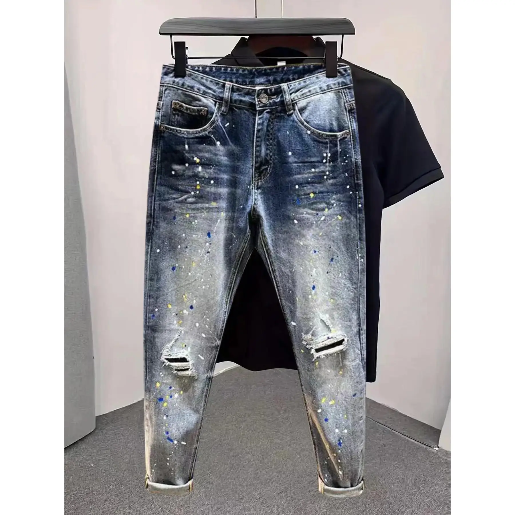 Men's Washed Denim Jeans, Spray Paint Splatter Ripped Patchwork Slim-Fit Autumn Aesthetic Style Stylish Streetwear, Fashion Casual Pocket Pants for Daily Wear, Distressed Denim Pants, Pockets Jeans