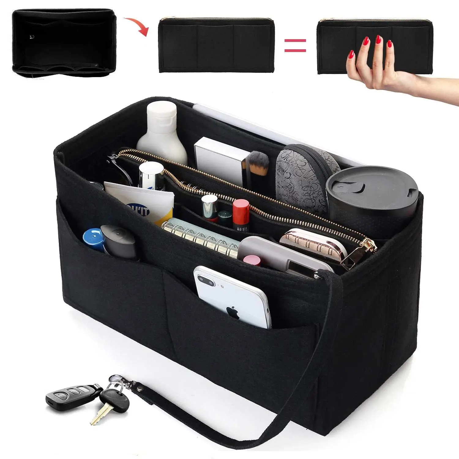 Felt Purse Organizer Insert - Travel Tote Bag Divider with Zipper, Handbag Insert for Longchamp, Neverfull, Speedy & More