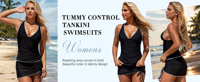 FISOEW Womens Tummy Control Tankini Swimsuits 2 Piece V Neck Criss Cross Drawstring Skort Bottom Bathing Suits Swimming Tankinisuit High Waist Swimwear
