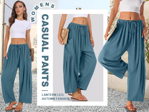 TARSE 2-Piece Womens Linen Wide Leg Pants Summer Casual Loose Fit Beach Palazzo Harem Pants with Pockets