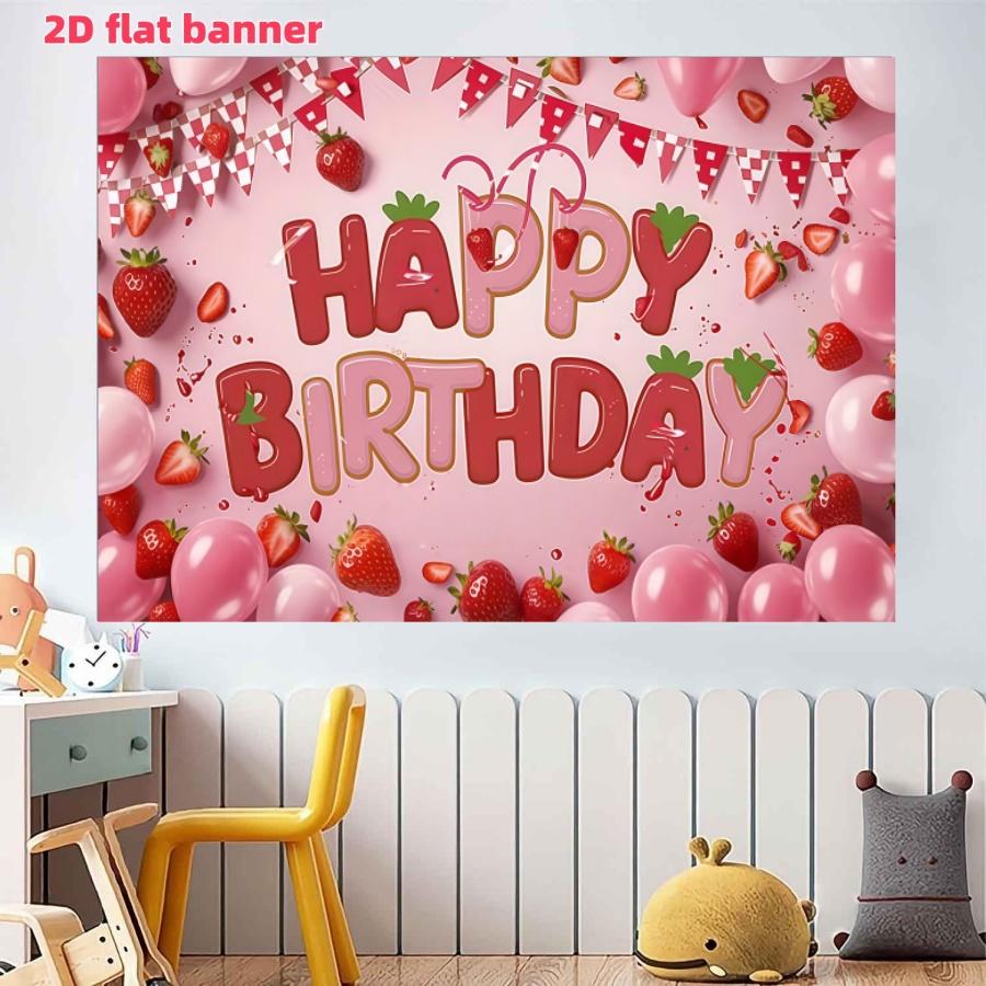 Pink strawberry themed birthday party background cloth,polyester birthday party banner,vibrant pink background,suitable for photo booths, parties, birthdays, celebrations, indoor and outdoor home birthday party decoration, home decoration, room decoration