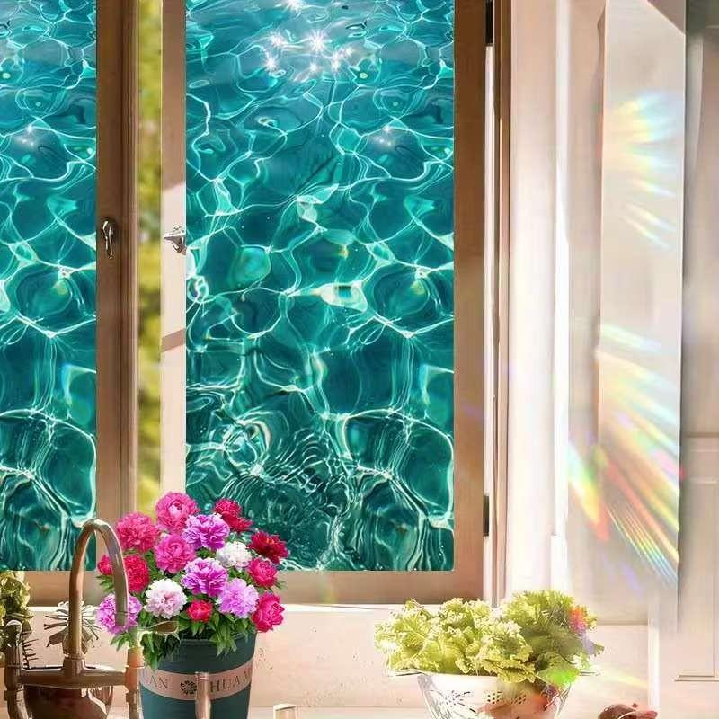 2D PVC Painted Glass Film, Reusable Blue Wave Wallpaper, Easy Removal, Ideal for Living Room, Bathroom, Bedroom, Office Decor