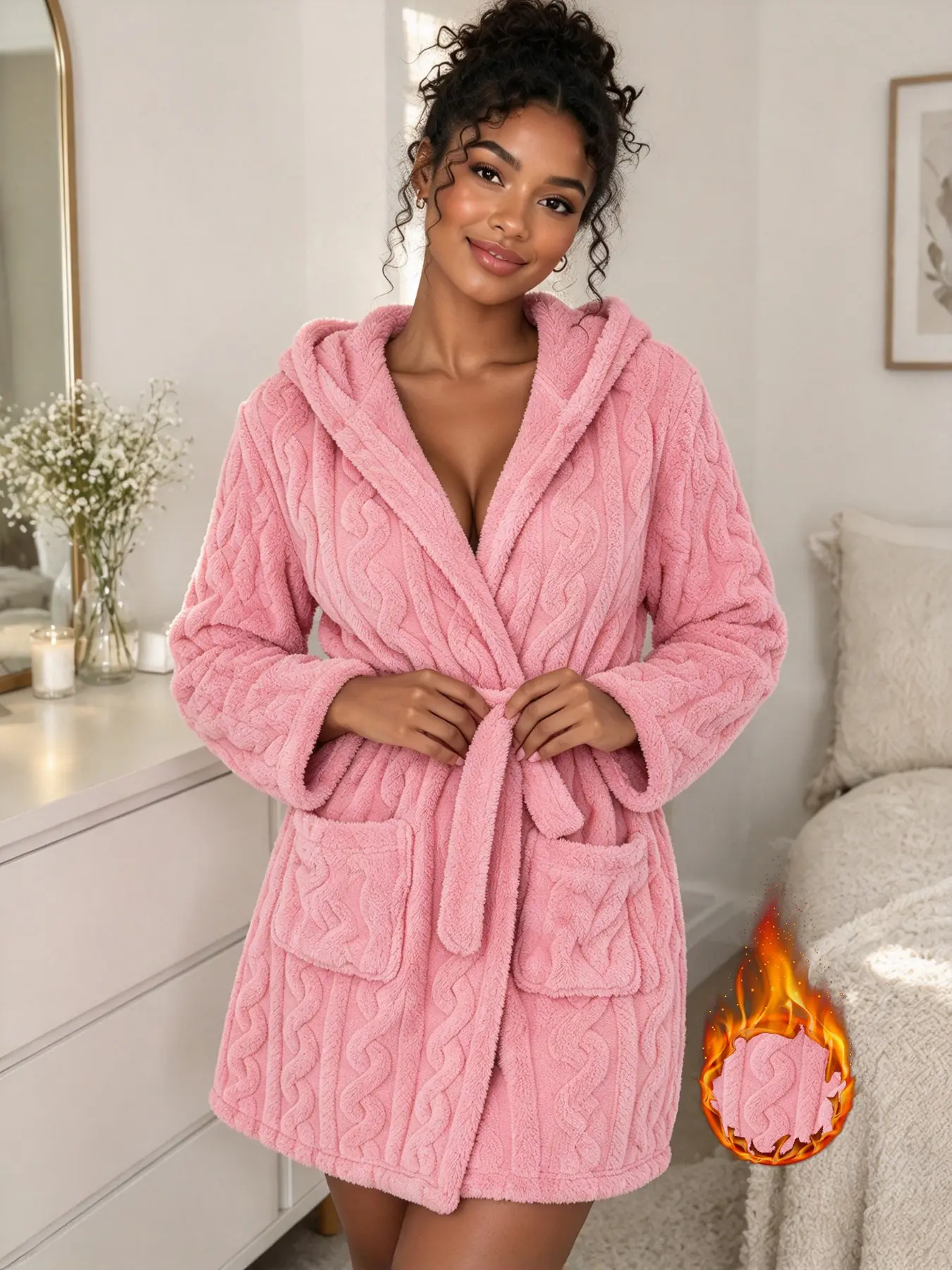 Women's Knit Hooded Robe, Soft Skin-Friendly Warm Belted Waist Dual Pockets, Cozy Fall Winter Home Bathrobe Loungewear, 1 Piece Set
