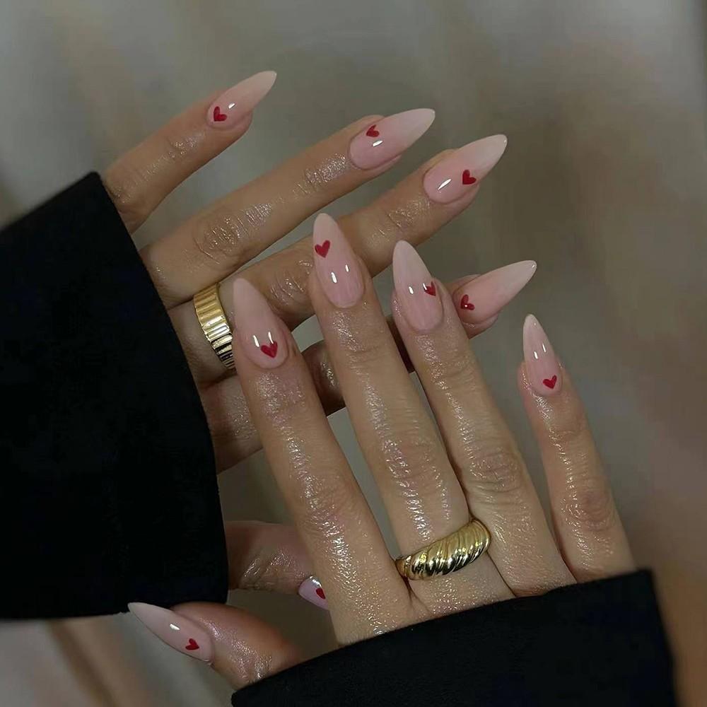 24pcs Clear Nude Gradient Base Color Nail Polish, Hand Drawn Heart Design, Almond Shape Medium Length Glossy Finish