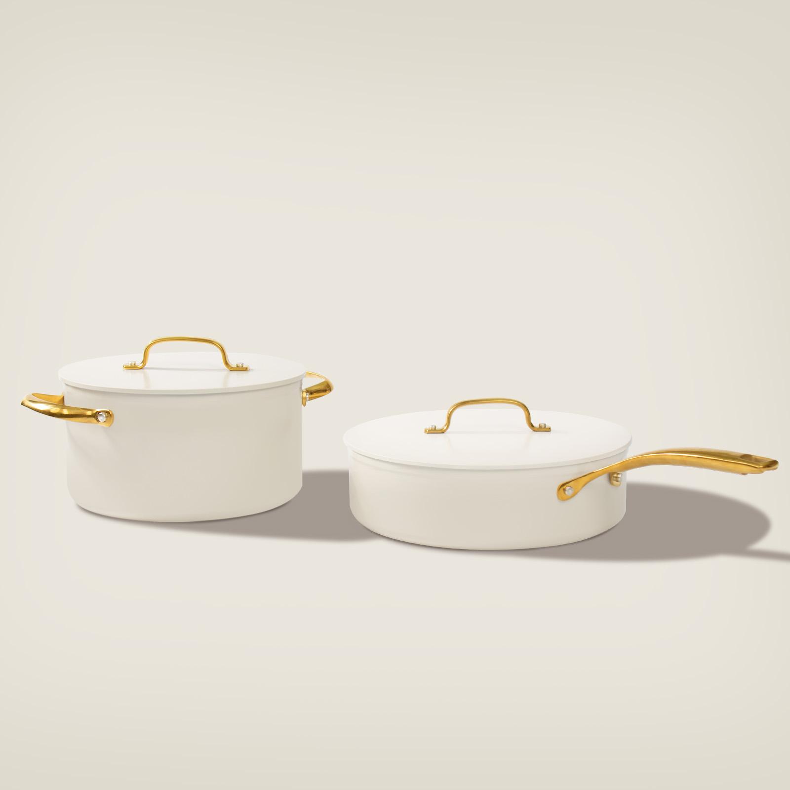 10pcs Golden Handle Ceramic Nonstick Cookware Set By Chef Power Sunray Series Oven Safe Kitchen Dining Pan Pot Utility white aesthetic cookware Frying