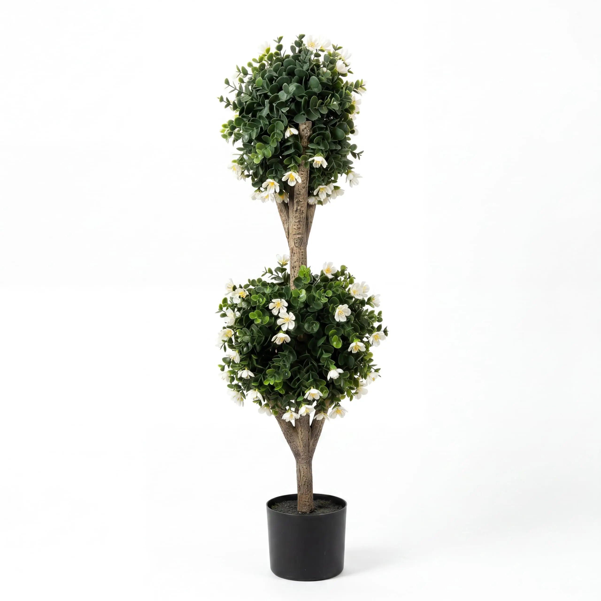 3FT Artificial Topiary Tree with Pot & Blossoms, Faux Double Ball Boxwood, Realistic PE Plant for Porch Patio Balcony Yard Decor, Zero Maintenance Fake Greenery