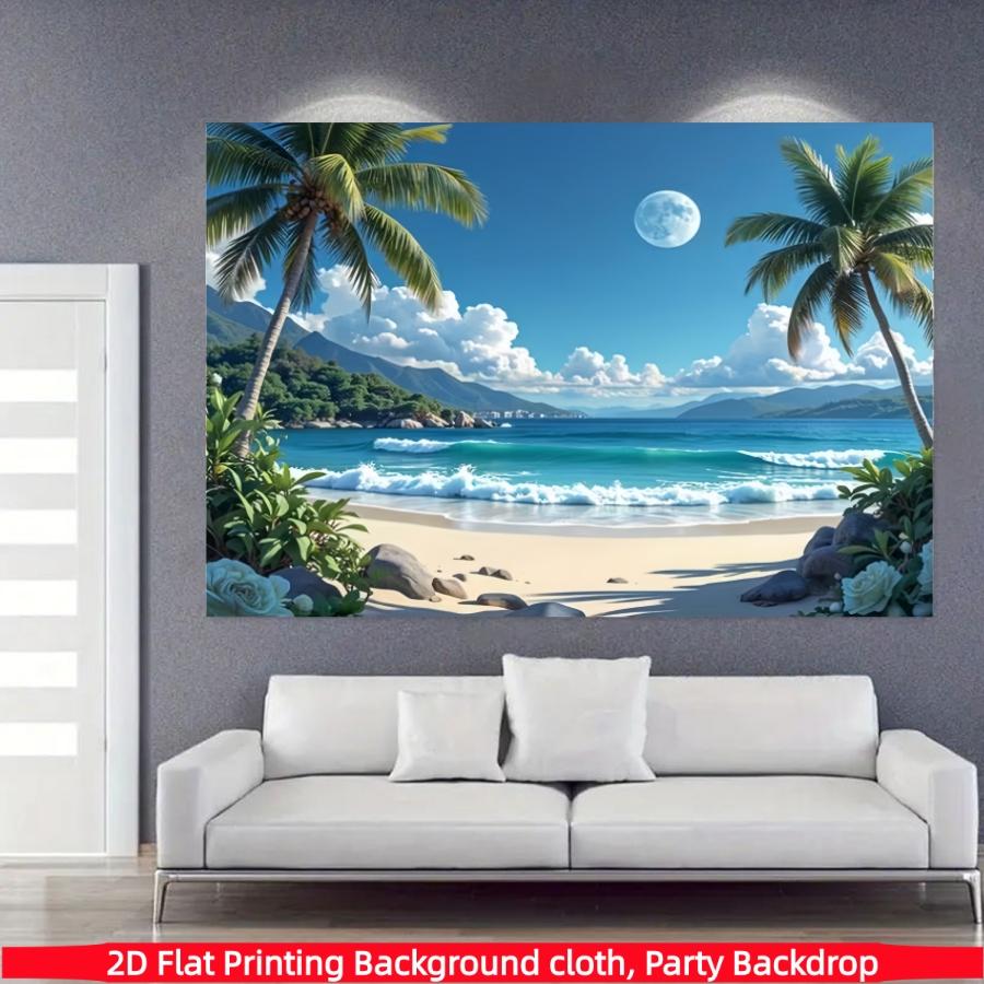 Hawaii Beach Banner, Tropical Party Banner with Palm Trees, Waves, Full Moon, Polyester, Wedding, Birthday, Anniversary Decorations