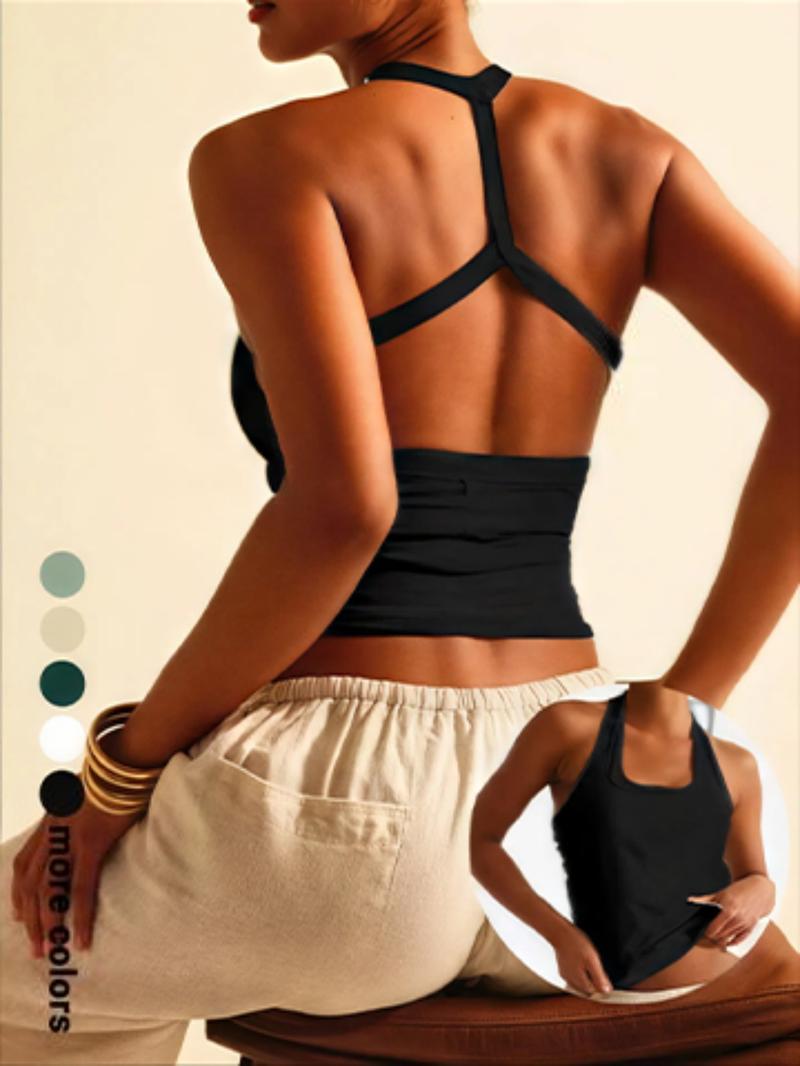 Backless Sleeveless Sports Bra Tank Top, Cross-Back Design, Comfortable Casual Wear, Daily Date, Slim-Fitting Short Style