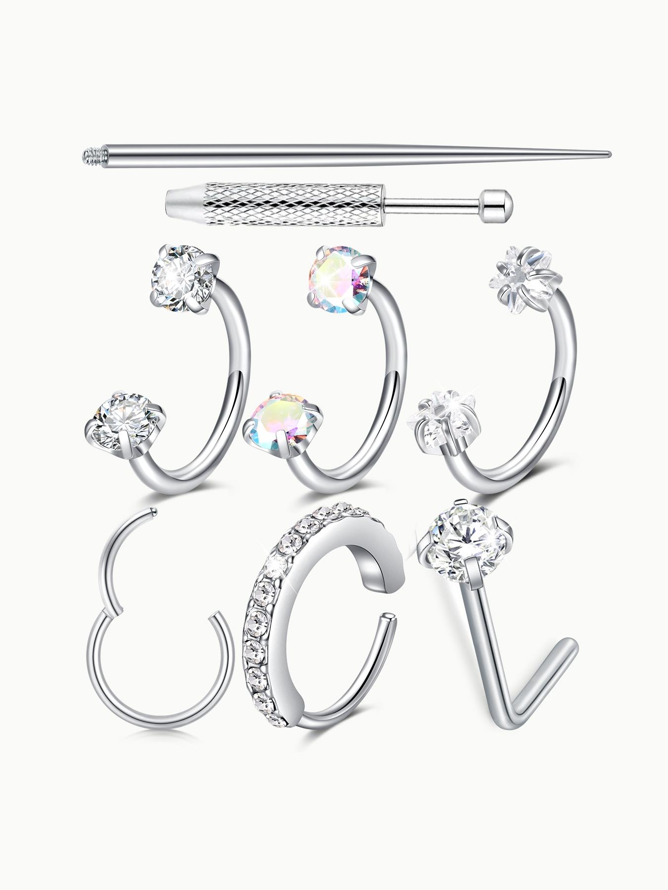 Stainless Steel Cz Nose Ring, Nose Cuff, Horseshoe Shape Nose Ring, 18 Gauge 8mm Hoop, Heart Design Perfect for Nose, Cartilage, Tragus, Helix and Lip Piercings, Nose Piercing Jewelry, Nose Rings Hoops