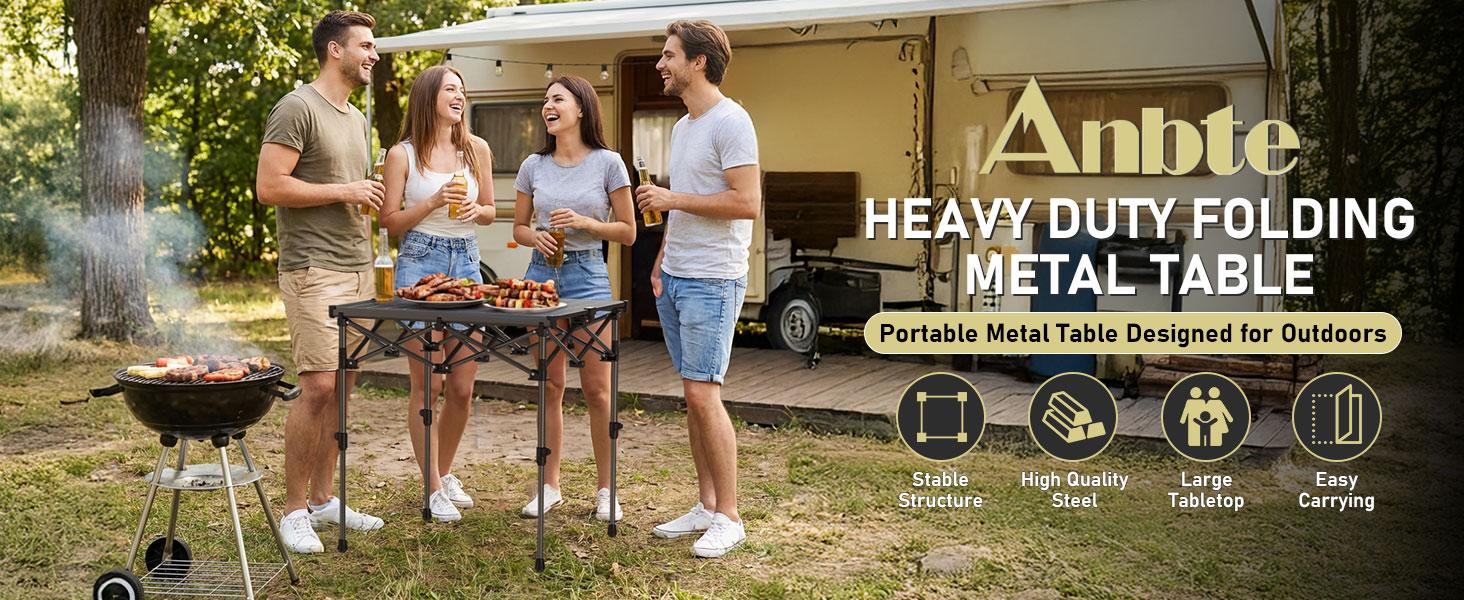 Anbte Camping Table Foldable, 2 Height Max 27.5" Aluminum Roll up Camping Table with Carry Bag & Heat-Resistant Tabletop, Lightweight, for Indoor Outdoor RV BBQ Picnic Patio Beach, 26" x 23", Black