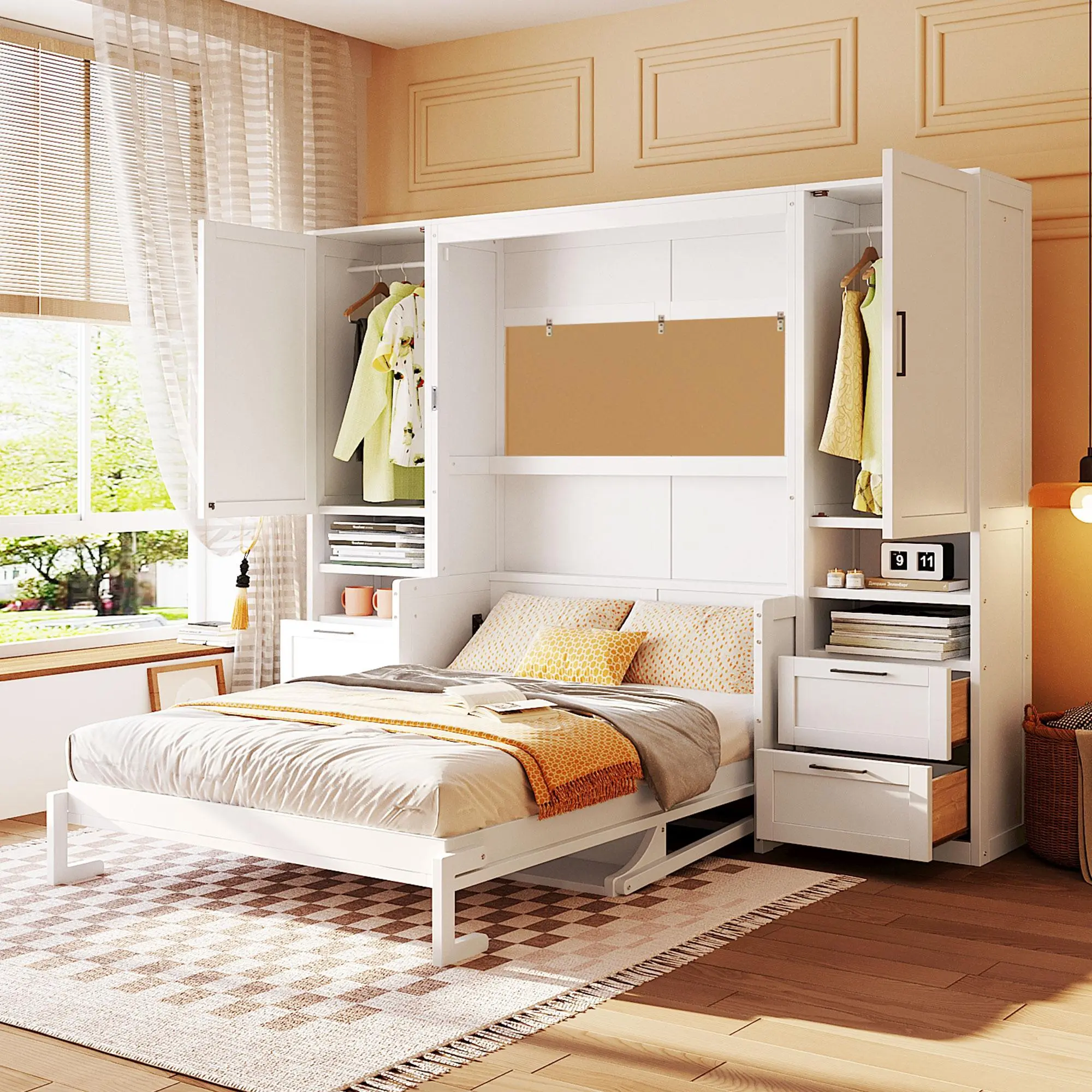 Full Size Murphy Bed Wall Bed with Closet, Drawers and Shelves, White MDF and LVL Space-Saving Cabinet for Bedroom, Guest Room, or Home Office