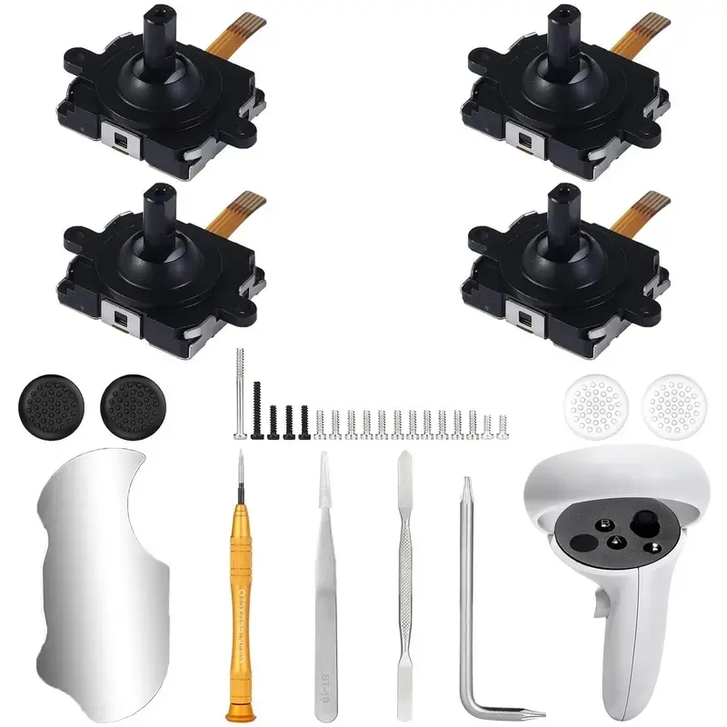 4 Pack Joystick Replacement Kit for Oculus Quest 2 Controller, 31 in One Repair Kit for Meta Quest 2 Controller, Include 4 Thumb Sticks, 4 Thumbstick Grips, 18 Screws, 2 T5 Screwdrivers and More
